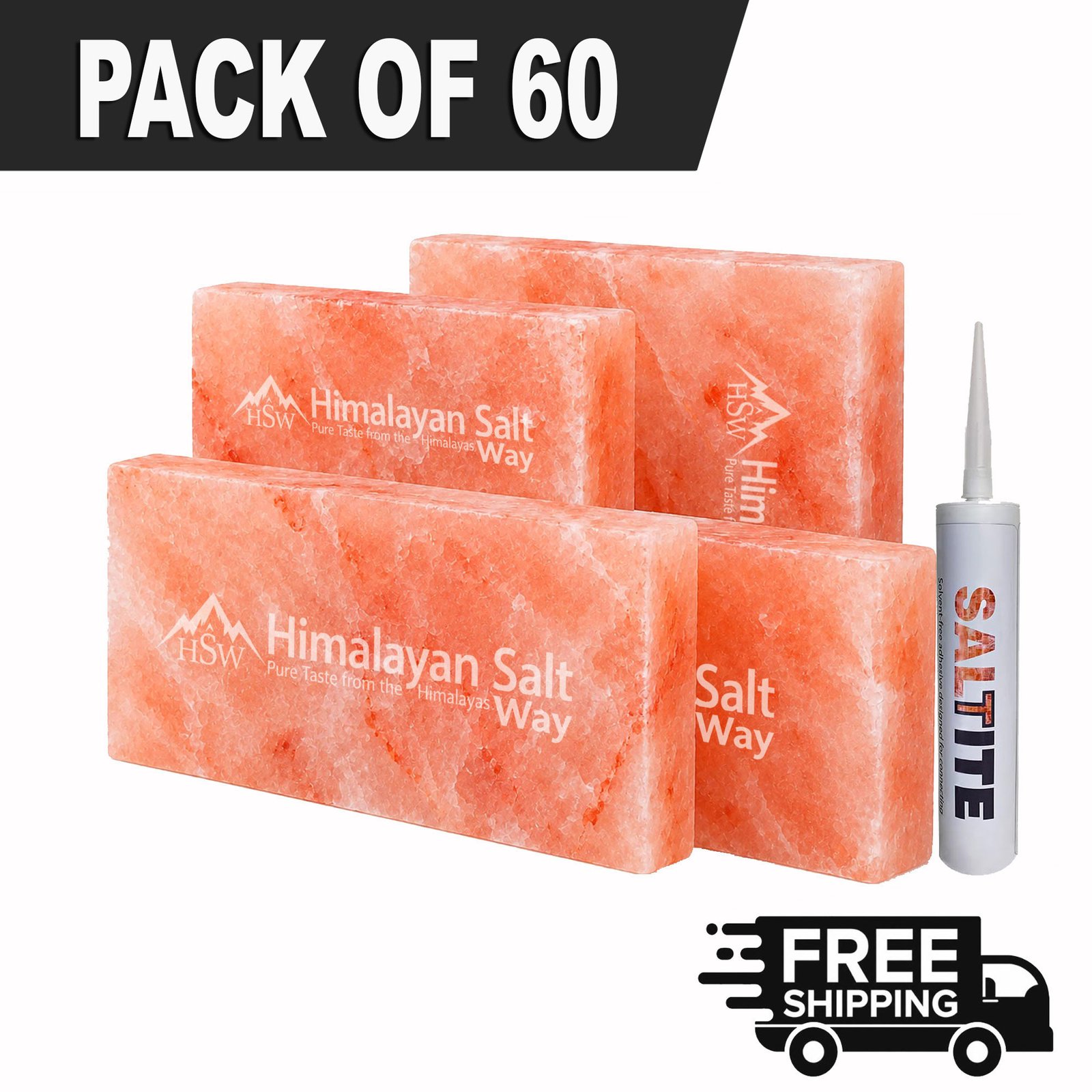 Himalayan Pink Salt Tiles 8x4x1 Pack of 60 | With 10 Free Salt Adhesive