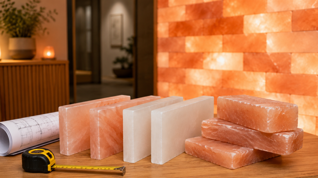 Pink and white Himalayan salt tiles and bricks for wall project planning