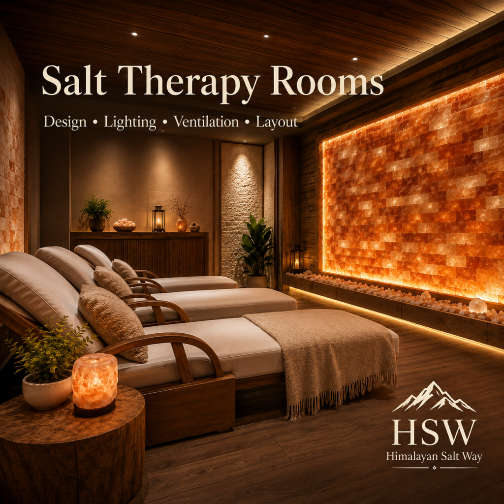 Salt Therapy Rooms with backlit Himalayan salt wall and relaxing spa interior