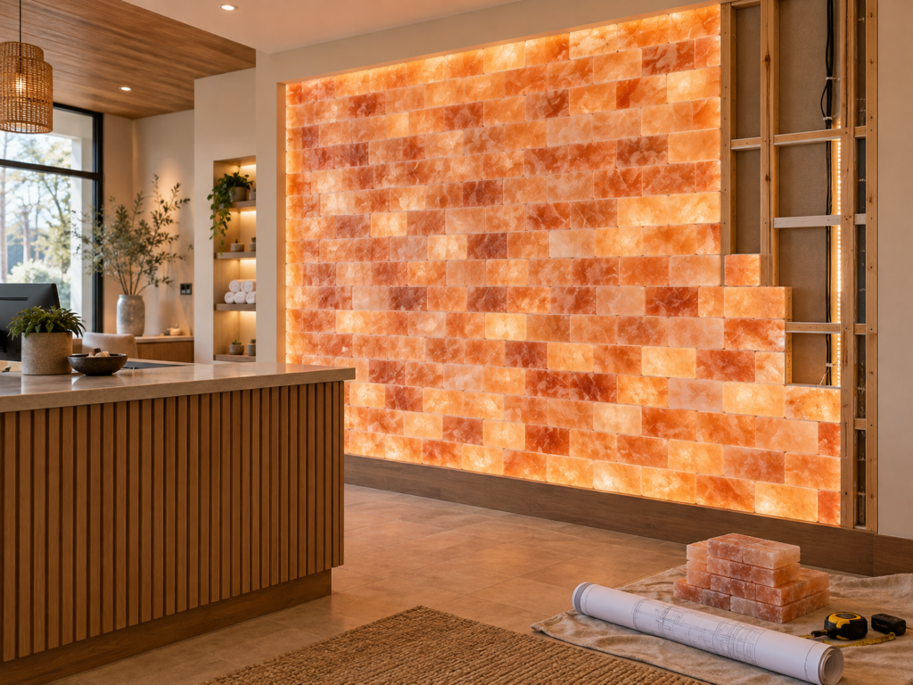 Backlit Himalayan pink salt wall in a spa with exposed framing and spare tiles for project planning