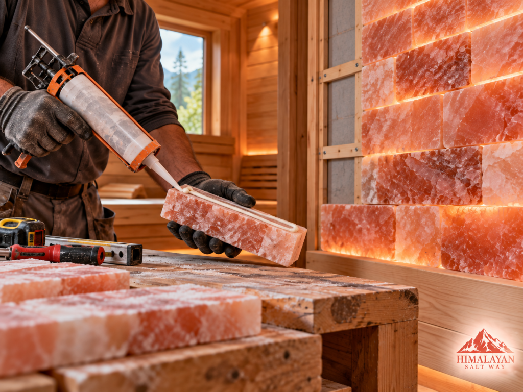 Installer applying salt wall adhesive to a Himalayan salt tile beside a partially installed salt wall