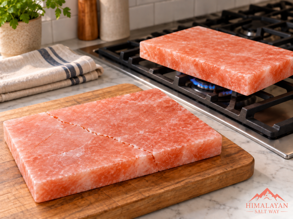 Cracked Himalayan salt cooking block on a wooden board beside an intact salt block heating on a gas stove.