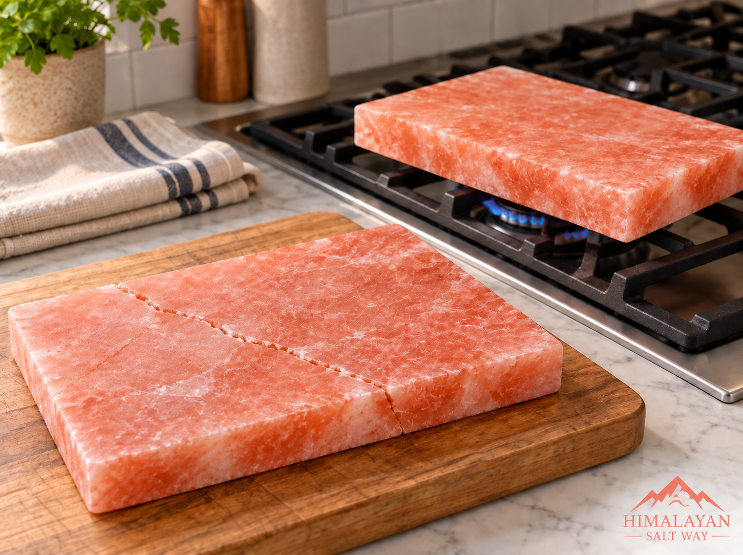 Cracked Himalayan salt cooking block on a wooden board beside an intact salt block heating on a gas stove.