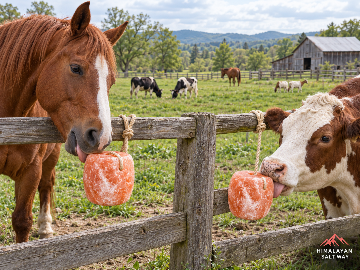 Horse and cow licking Himalayan salt licks on a wooden fence, with other farm animals grazing in the background.