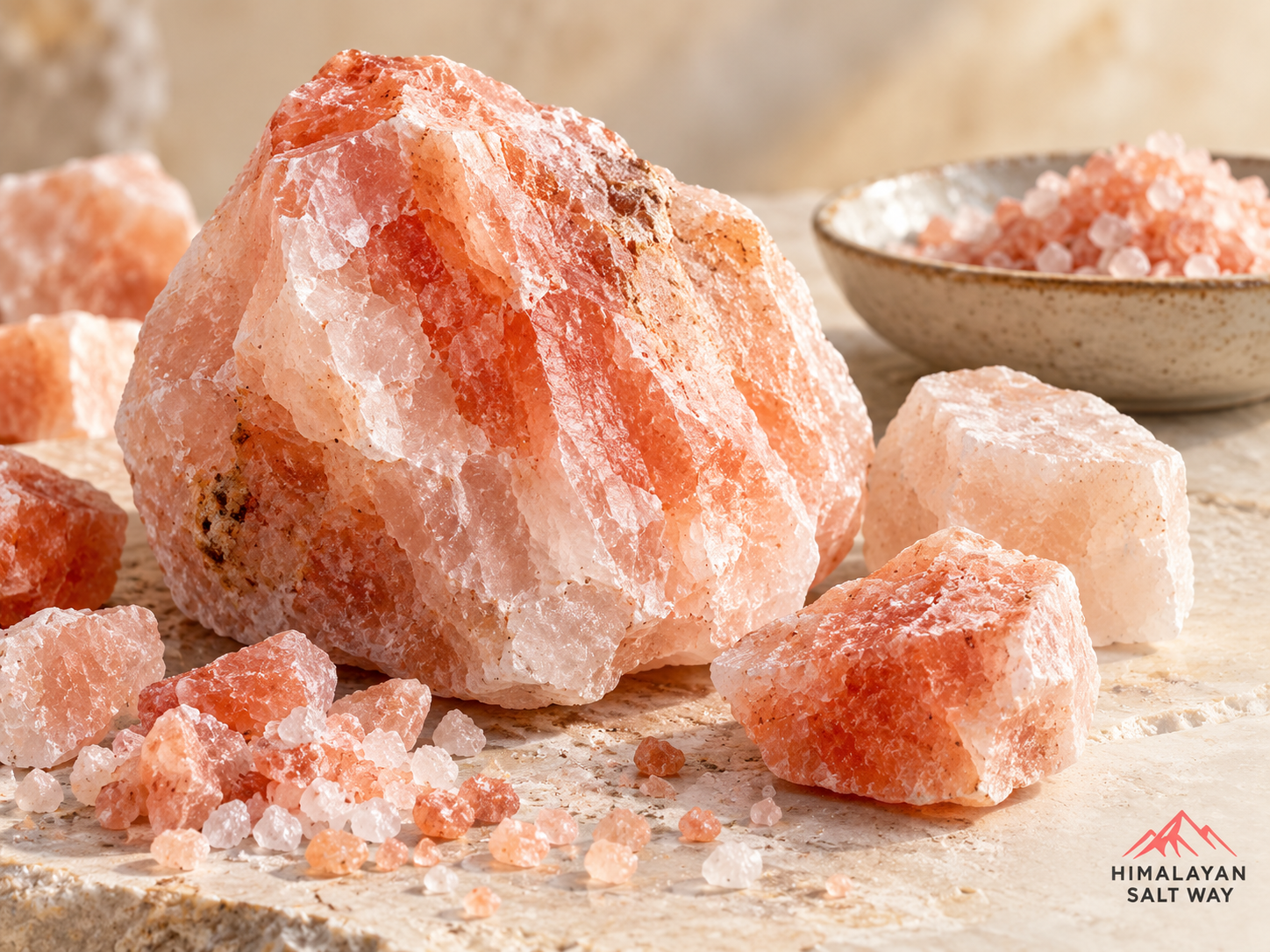 Himalayan pink salt chunks and coarse crystals showing pink, peach, and white color variations.