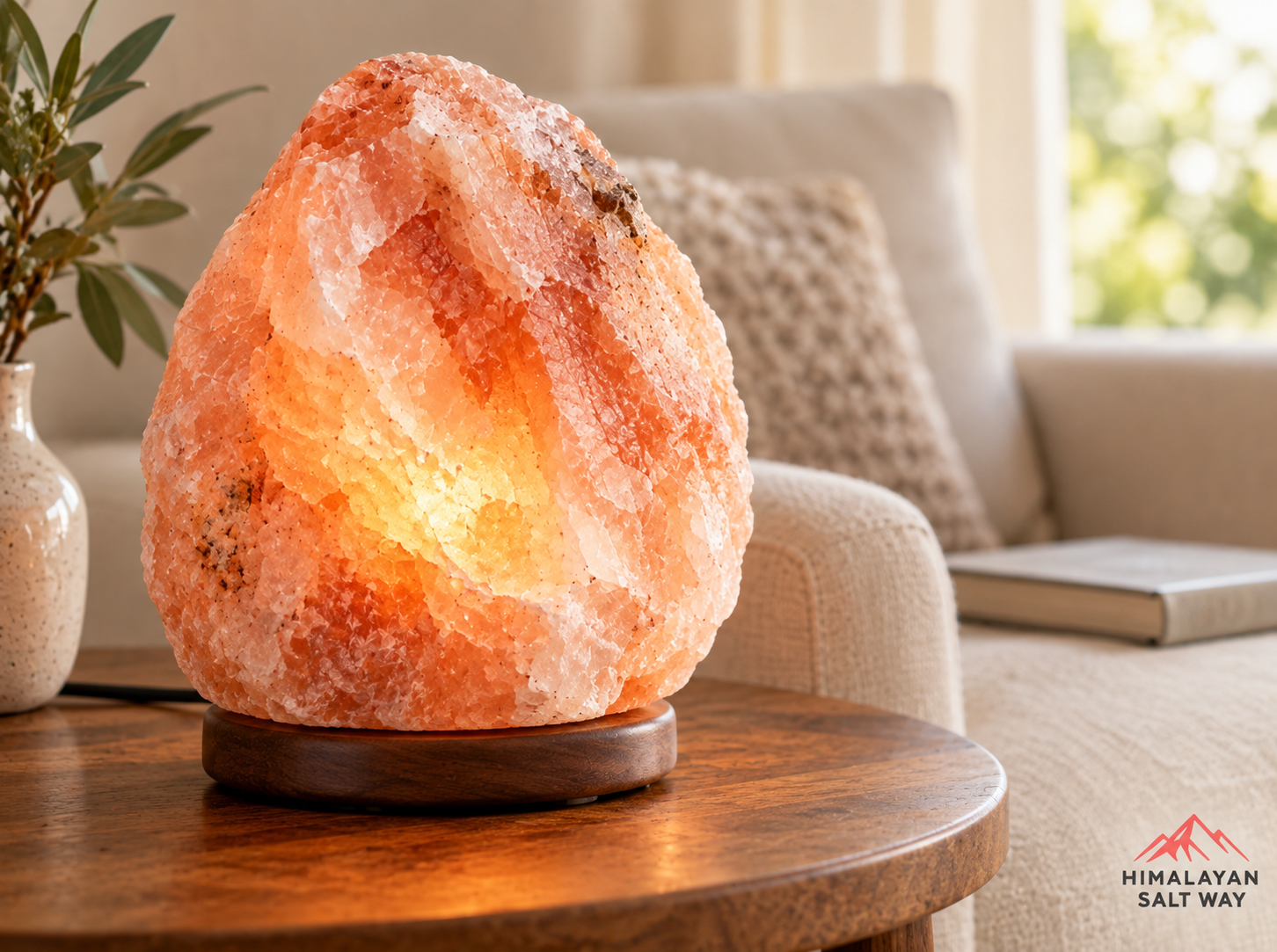 Glowing Himalayan pink salt lamp on a wooden side table beside a cream armchair
