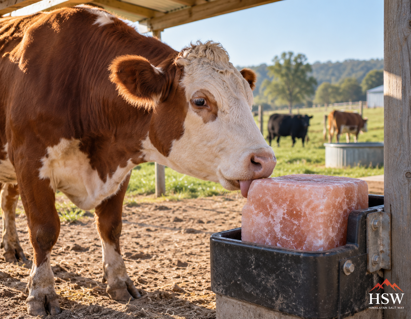 Brown and white cow licking a pink Himalayan cattle salt lick in a sheltered farm feeding area