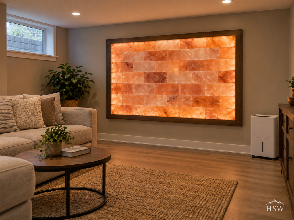 Himalayan salt wall in a basement lounge with a backlit panel, neutral sofa, and dehumidifier.