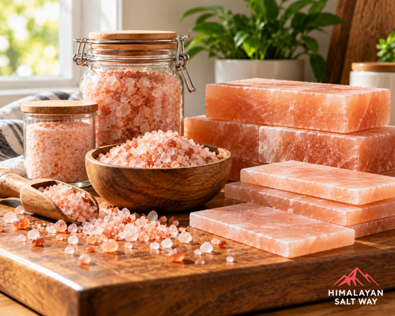 Himalayan pink salt, salt tiles and bricks for storage and use