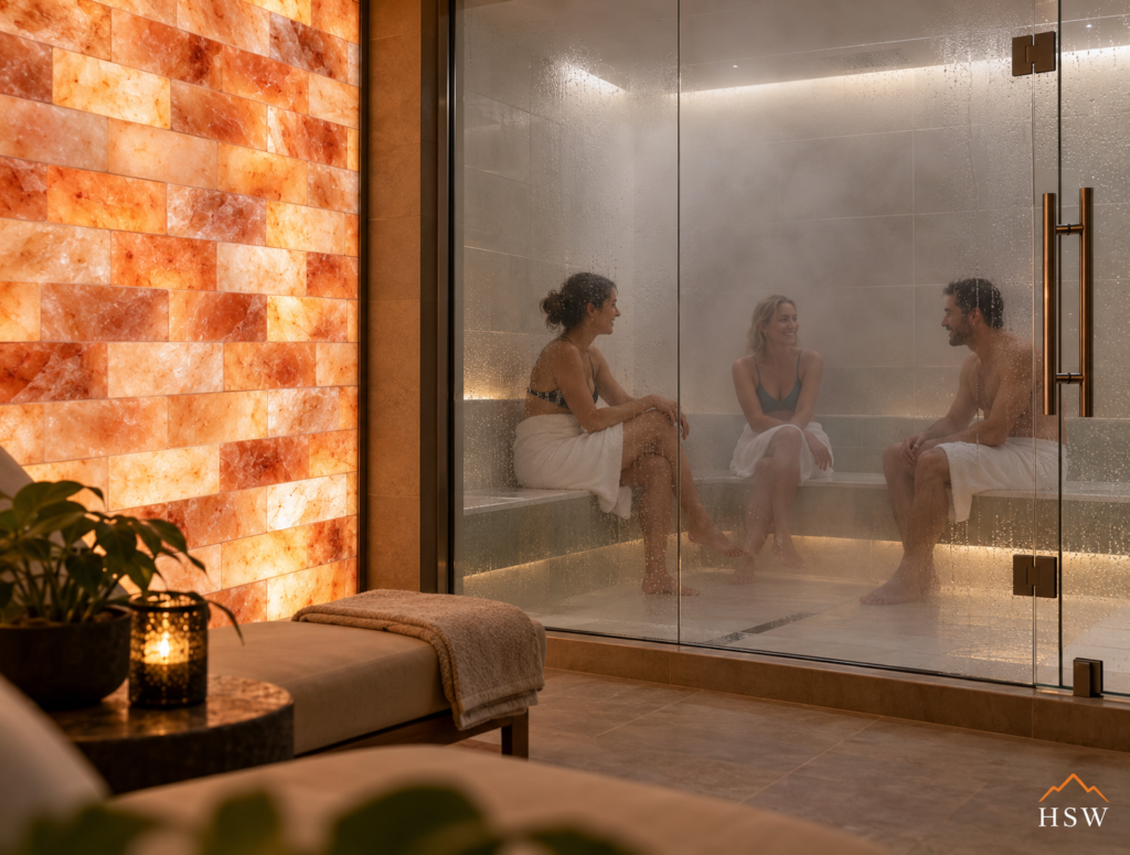 Guests relaxing in a glass steam room beside a Himalayan salt feature wall