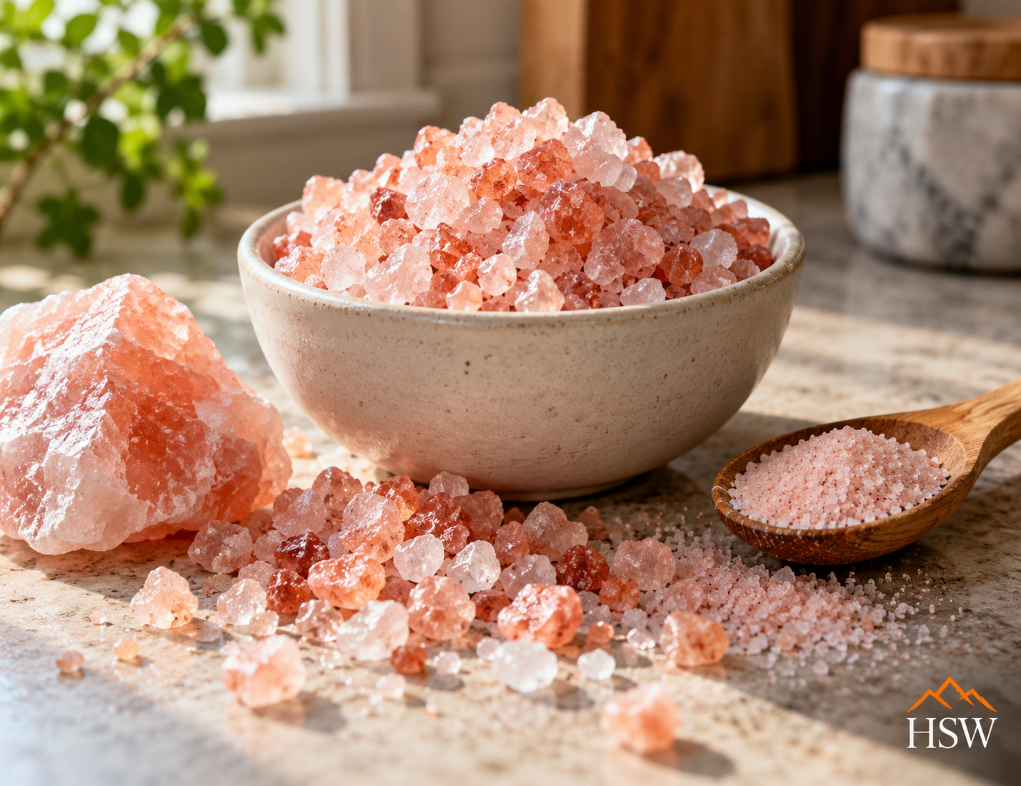 Himalayan pink salt crystals in a ceramic bowl with fine salt in a wooden spoon