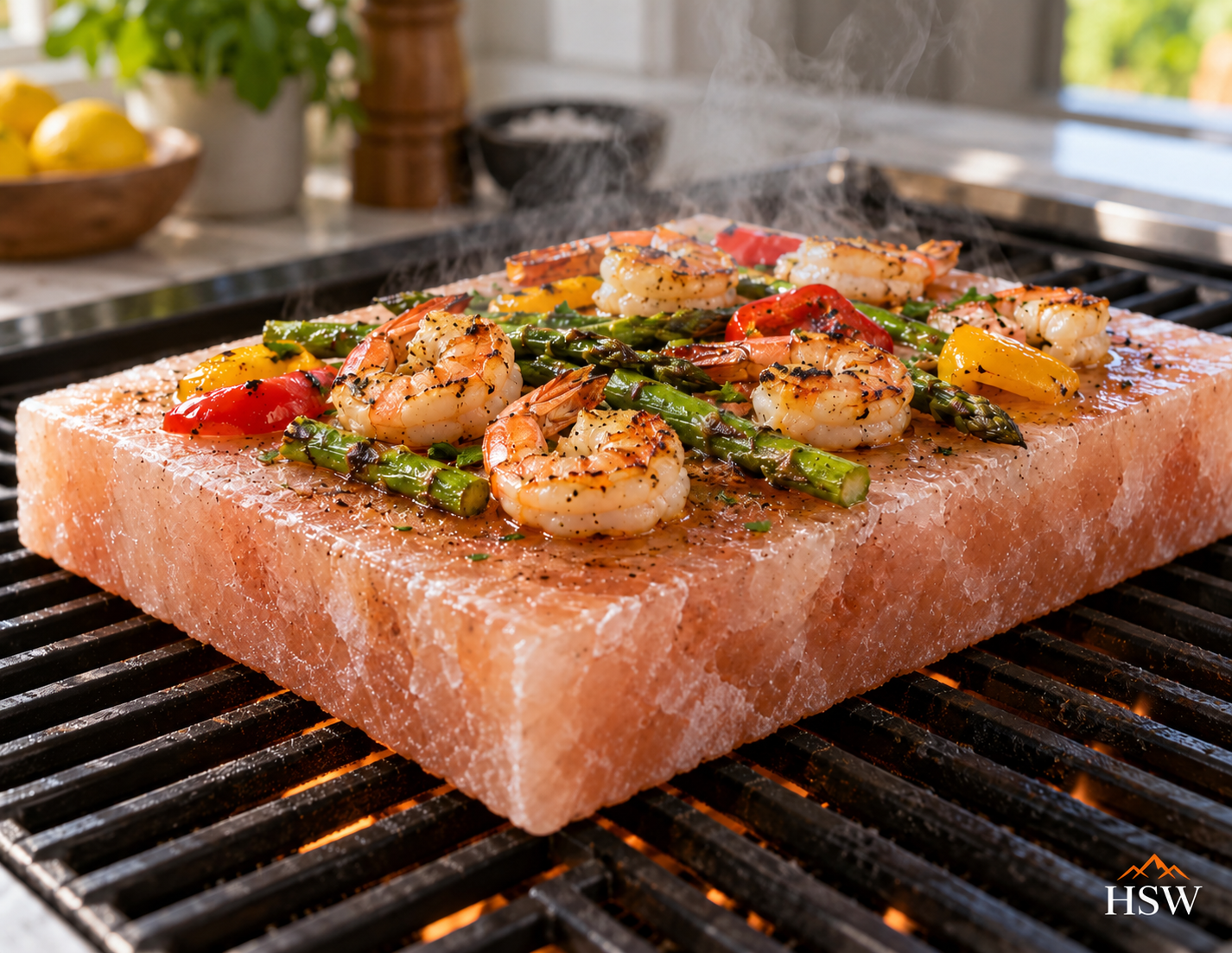 Shrimp, asparagus and peppers cooking on a Himalayan salt block on a grill