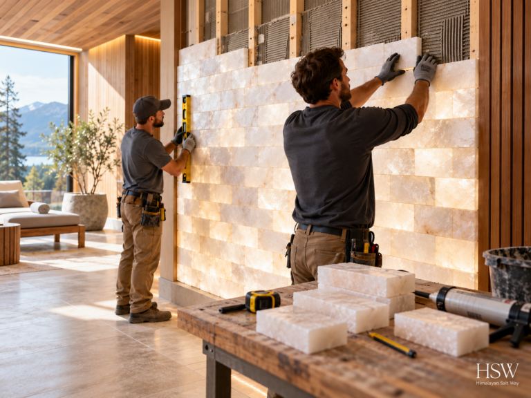 White salt tile installation with two installers aligning a backlit spa wall